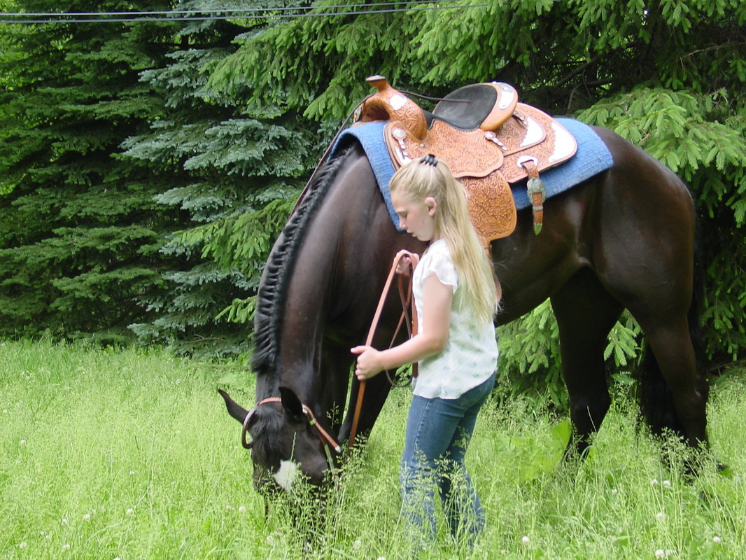 A young girl stands next to a horse